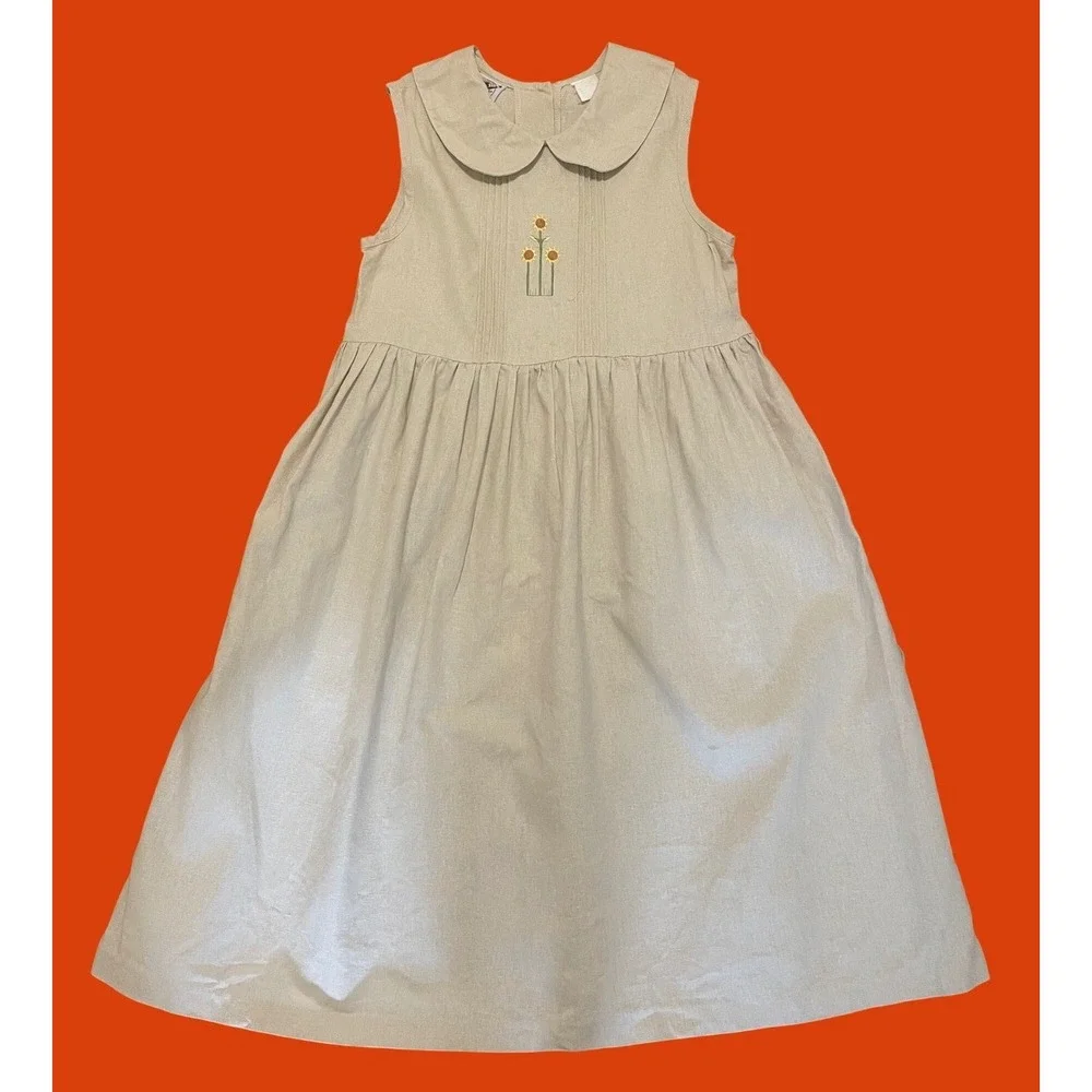 Good Lad Vintage Dress Beige Linen Sunflower Embroidered Peter Pan Collar Size 8